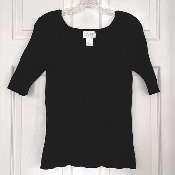 🌸 3/$25 Cache Black Ribbed Silk Blend Top with Neckline Cutout Detail, Size L - Picture 1 of 11